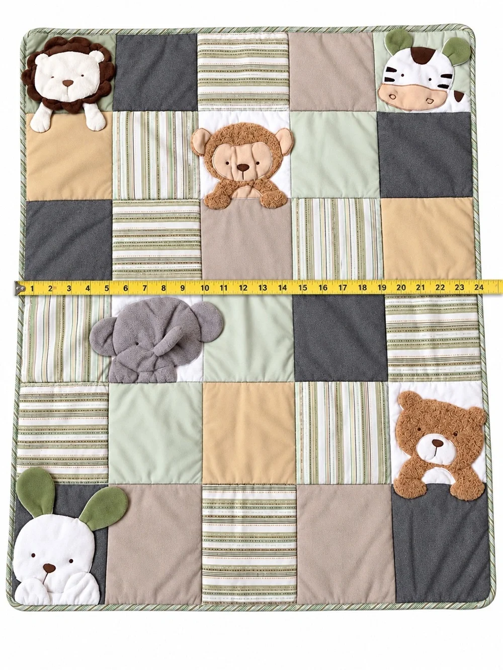 Vintage Baby Crib Quilt Safari Jungle Animals 3D Plush Appliqué Sage Green